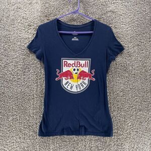 New York Red Bulls Shirt Womens Medium Blue Short Sleeve V Neck Soccer Majestic